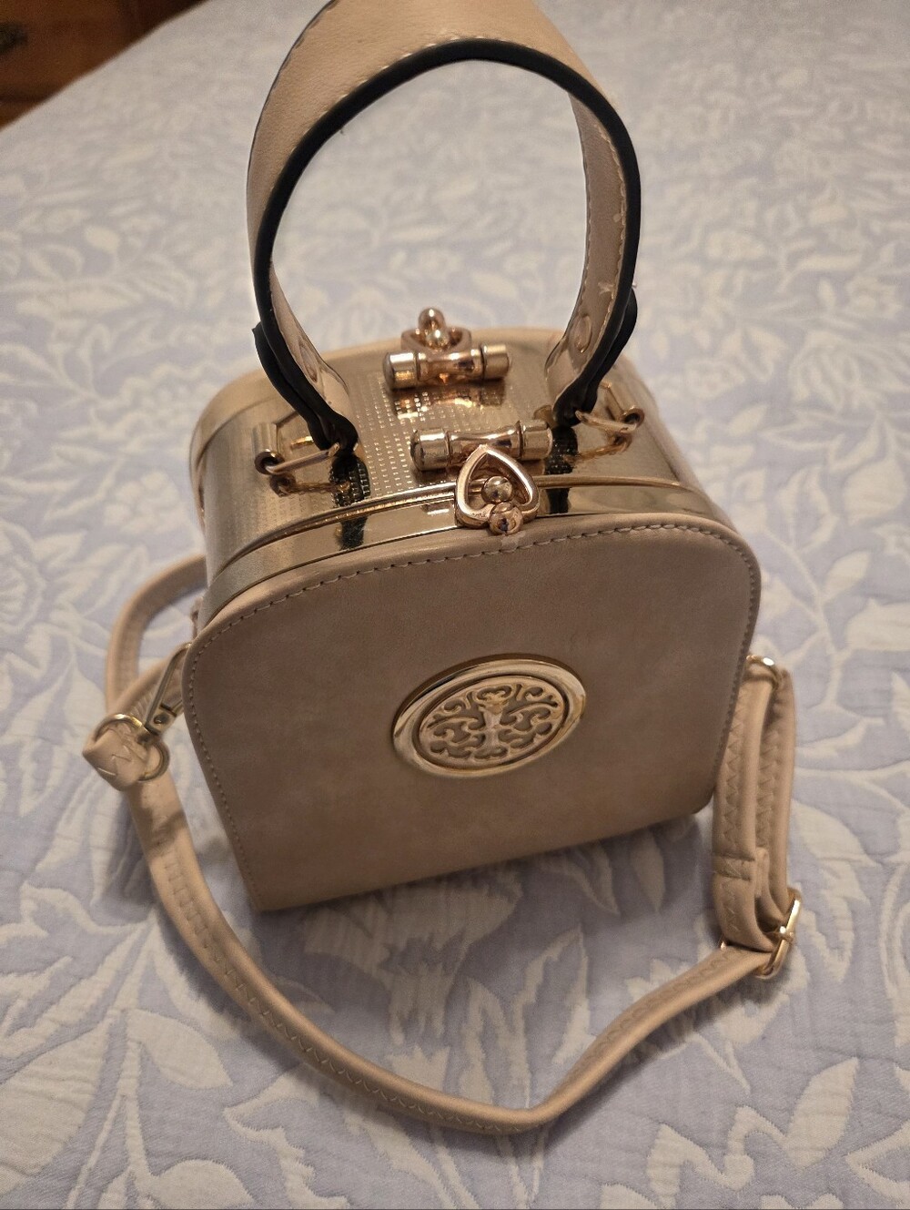Beige Women's Box Style Crossbody Bag with Gold Accents
